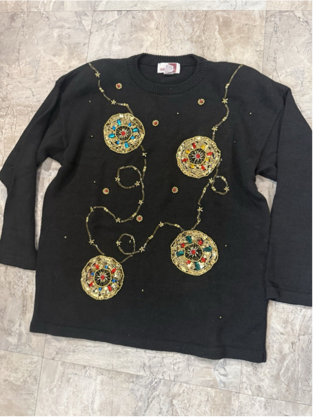 VTG 90s Sheridan Square Gold Sequin Holiday Sweater Ugly Glitz black Sz L - Picture 2 of 6